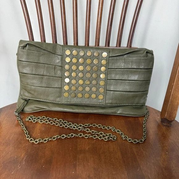 Aldo Handbags - Aldo Olive Green Studded Gold Brass Hardware Punk Rock Retro Fold Over Bag Purse
